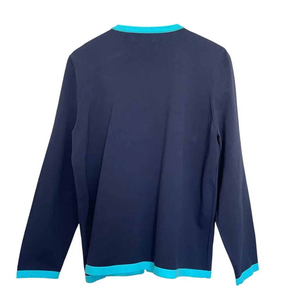 Alfred Dunner Sweater Cardigan Built In‎ Shirt Top Size L Blue Nautical Coastal